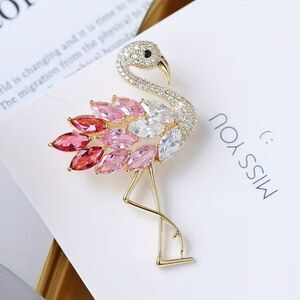 Flamingo Brooch Pin Pink & Clear Rhinestones & Crystals Delicate Animal Bird Pin
